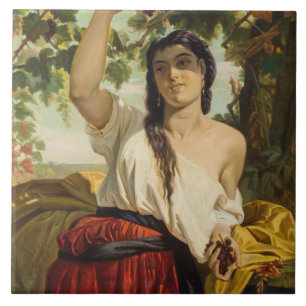 Carreau Femme italienne cueillant des raisins (Récolte d'é