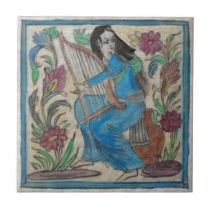 Carreau Femme peinte à la main avec Harp Persian Antique R