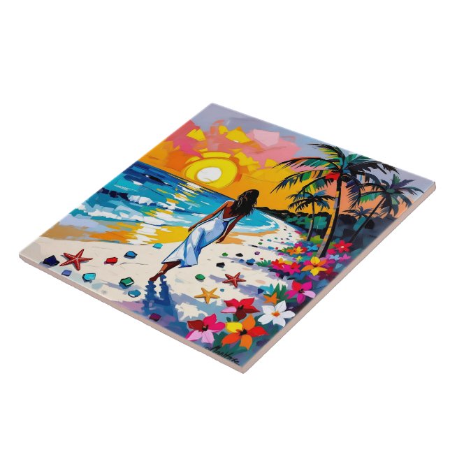 Carreau Femme sur la scène de plage tropicale (Côté)