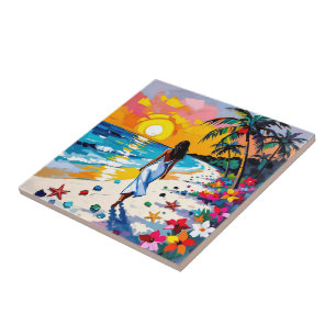 Carreau Femme sur la scène de plage tropicale