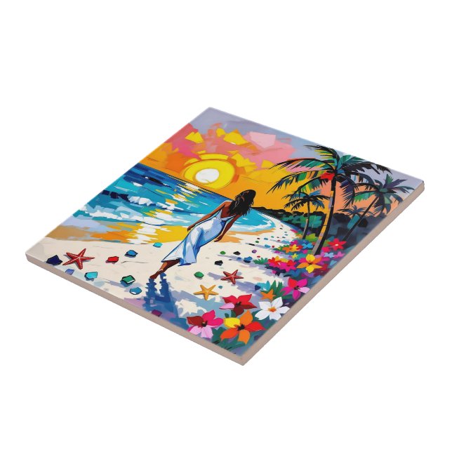 Carreau Femme sur la scène de plage tropicale (Côté)