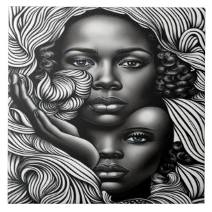 Carreau Femmes afro-américaines Abstraites noires et blanc