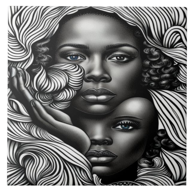 Carreau Femmes afro-américaines Abstraites noires et blanc (Devant)