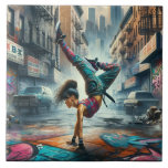Carreau Femmes en action de Breakdancer Silhouette de New<br><div class="desc">Le design montre une scène animée dans laquelle une danseuse de break se produit en pleine balançoire dans la rue. Le personnage principal,  la danseuse de rupture,  est au milieu d'un puissant support à main.</div>