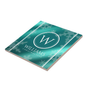 Carreau Festif Blue Foil Snowflakes Monogramme Nom