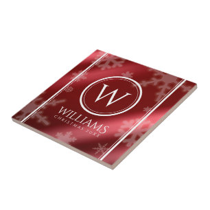 Carreau Festif Red Foil Snowflakes Nom du monogramme