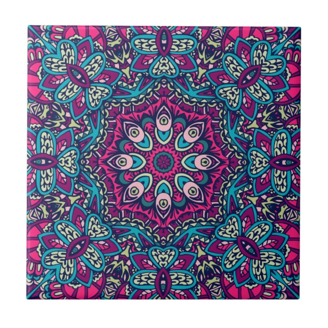 Carreau Fête Abstraite de fleurs Mandala, Magenta Turquois (Devant)