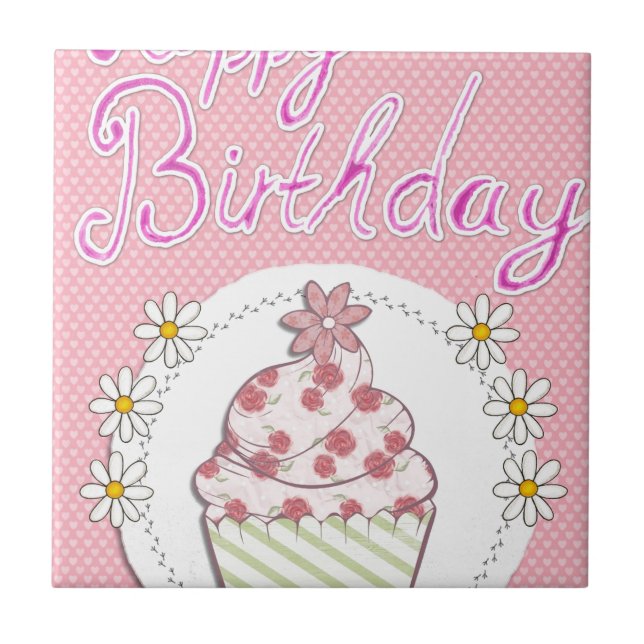 Carreau Fête Cupcake Rose Joyeux anniversaire (Devant)