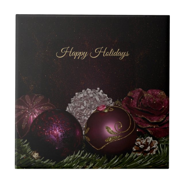 Carreau Fête de Noël Ornements Roses Feuilles Vertes Noire (Devant)