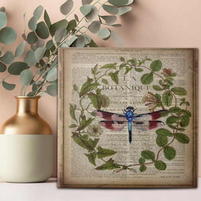 Carreau feuille botanique moderne vintage (french botanical leaves modern vintage dragonfly ceramic tile)