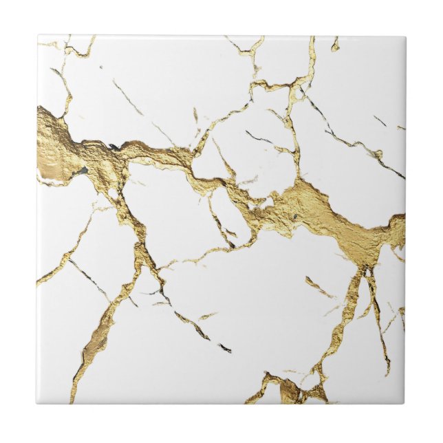 Carreau Feuille d'Or Lourde sur Marbre Blanc (Devant)