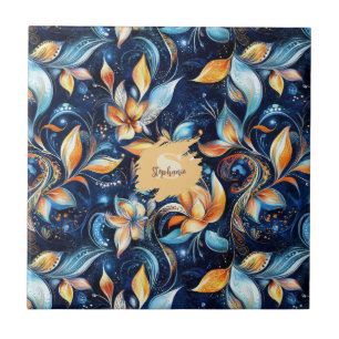 Carreau Feuilles Abstraits de marguerite bleu et or (2)