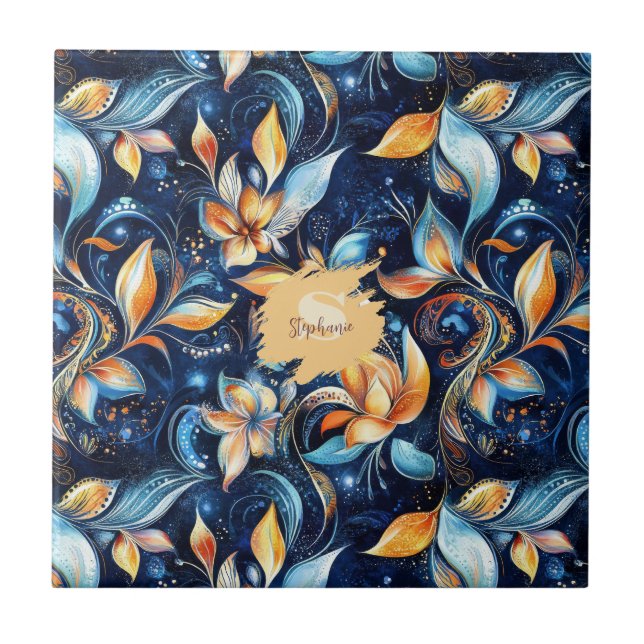 Carreau Feuilles Abstraits de marguerite bleu et or (2) (Devant)