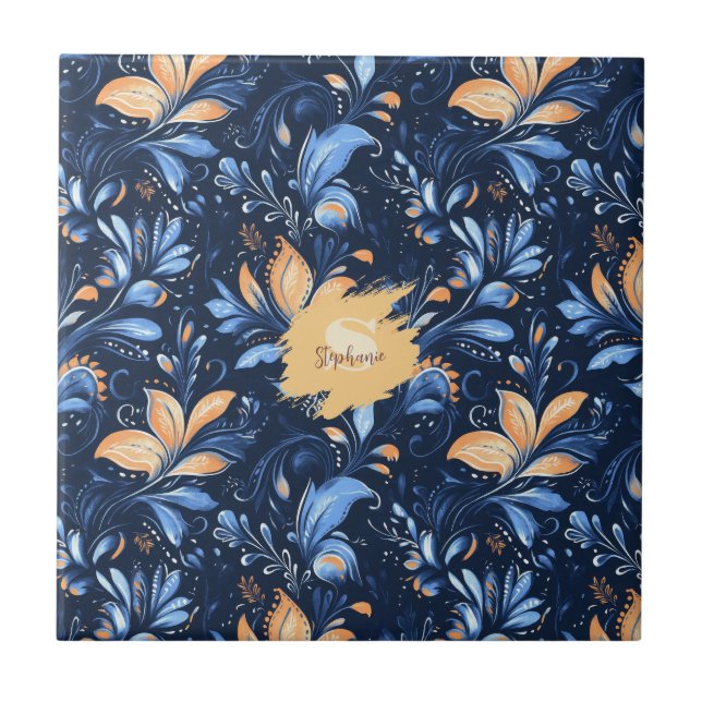Carreau Feuilles Abstraits de marguerite bleu et or (3) (Devant)
