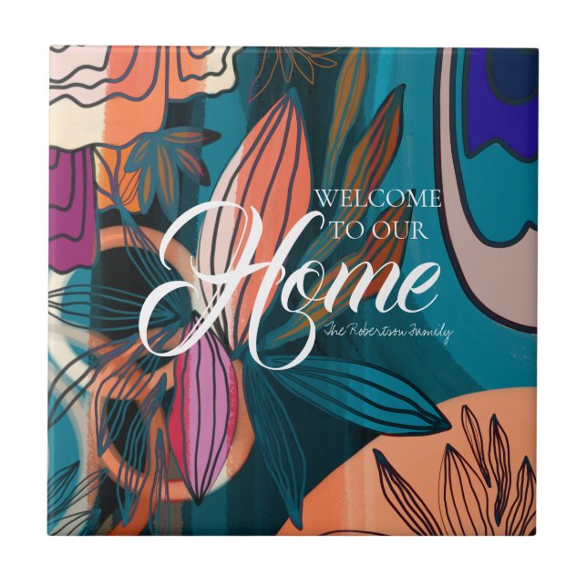 Carreau Feuilles botaniques de la Marine Orange Rose Artis (Devant)