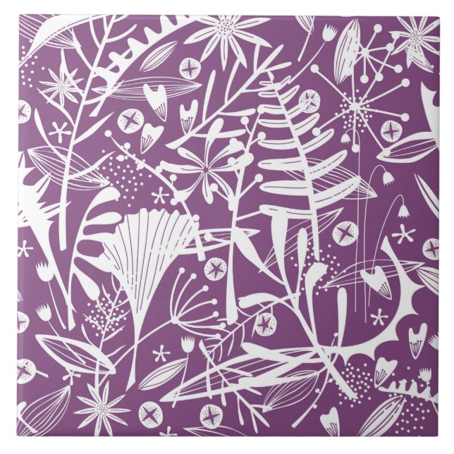 Carreau Feuilles botaniques et fleurs pourpres (Devant)