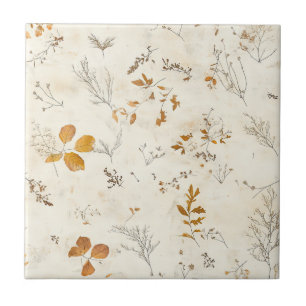 Carreau Feuilles Brunes Rustiques Chute Foliage sur Crème