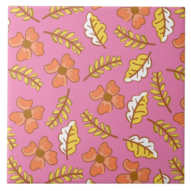 Carreau Feuilles d'automne en chute chaude avec fleurs (Devant)