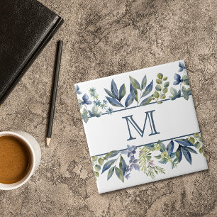 Carreau Feuilles de Bleu Indigo Bordure Monogramme