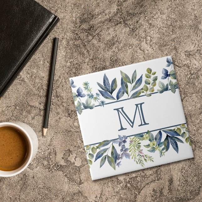 Carreau Feuilles de Bleu Indigo Bordure Monogramme (Créateur téléchargé)