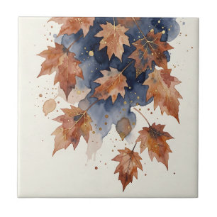 Carreau Feuilles de érable d'automne en aquarelle Navy Or