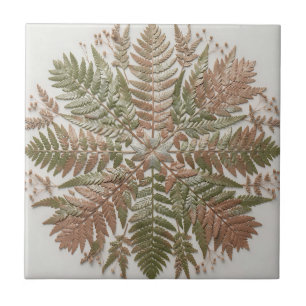 Carreau Feuilles de fougère botanique vert cuivre pressées