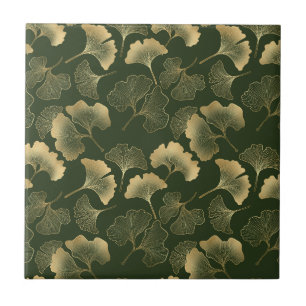 Carreau Feuilles de Ginkgo dorées élégantes Vert émeraude