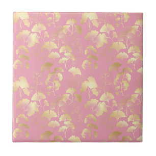 Carreau Feuilles de Ginkgo dorées sur motif botanique rose