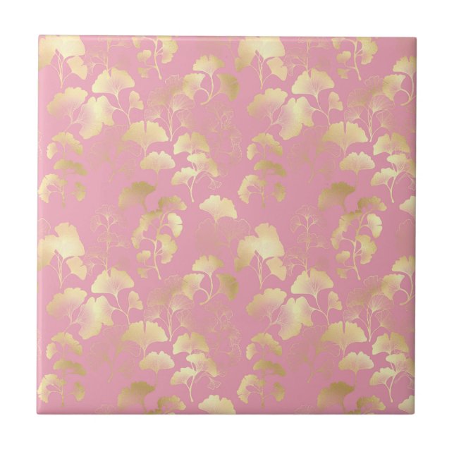 Carreau Feuilles de Ginkgo dorées sur motif botanique rose (Devant)