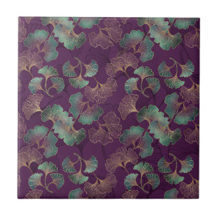 Carreau Feuilles de ginkgo dorées sur motif botanique viol