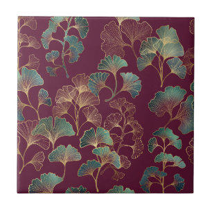 Carreau Feuilles de Ginkgo sarcelle et or sur fond bordeau