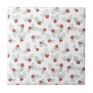 Carreau Feuilles de houx à l'aquarelle et baies rouges 