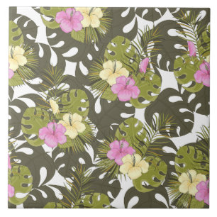 Carreau Feuilles de jungle tropicale et motif d'hibiscus