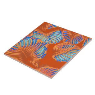 Carreau Feuilles de la Monstera Tropicale Orange Brûlé