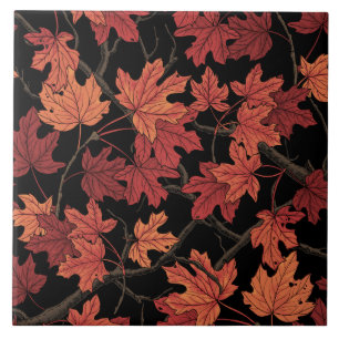 Carreau Feuilles de l'érable rouge d'automne sur fond noir