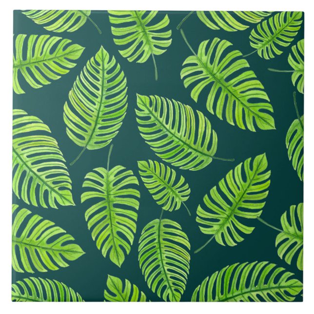 Carreau Feuilles de Monstera, motif d'aquarelle tropicale (Devant)