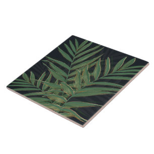 Carreau Feuilles de palmier vertes tendance traits or gris