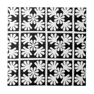 Carreau Feuilles florales de chêne scandinave noir et blan