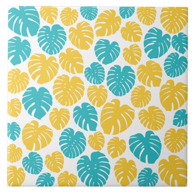 Carreau Feuilles Monstera en Turquoise, Jaune et Blanc (Devant)