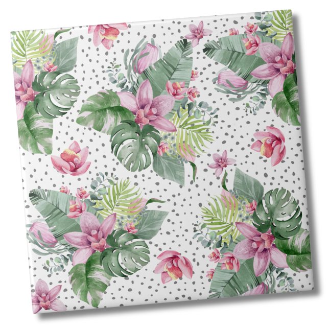 Carreau Feuilles Motif Floral Tropical (Cute Trendy Dot Floral Watercolor Tropical Pattern Ceramic Tile)
