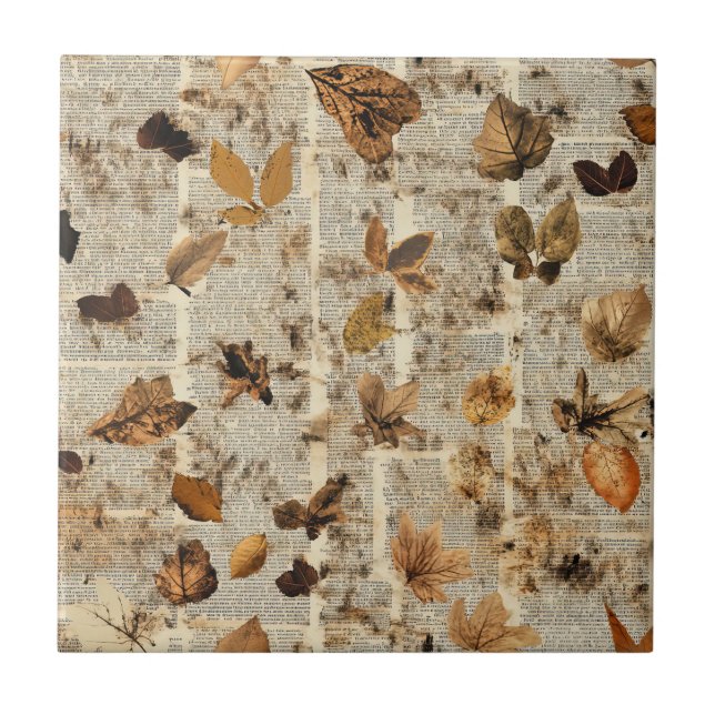 Carreau Feuilles rustiques d'automne sur un journal vintag (Devant)