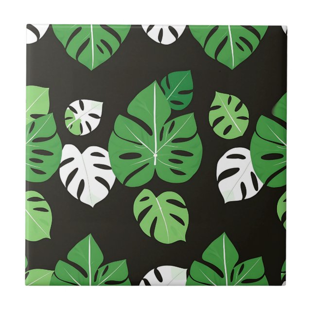 Carreau Feuilles tropicales de Monstera Fond noir  (Devant)
