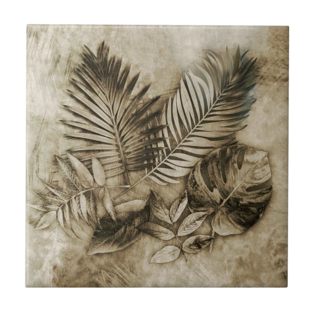 Carreau Feuilles Tropicales Fond Texturé Aspect Vintage (Devant)