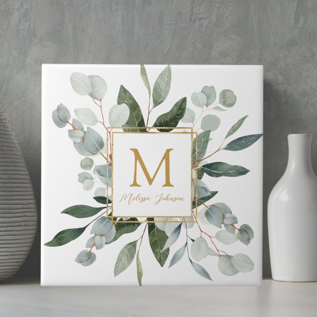 Carreau Feuilles tropicales vertes aquarelle Monogramme (Close up)