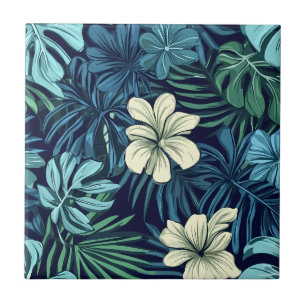 Carreau Feuilles tropicaux et fleurs bleu vert