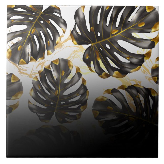 Carreau Feuilles tropicaux noirs et dorés (Devant)
