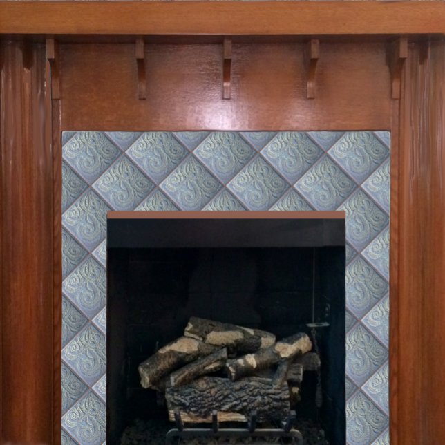 Carreau Fièvre fougère Carrelage en céramique bleu (Blue Fiddlehead fern tile shown on a fireplace,)