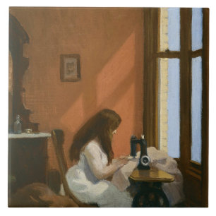 Carreau Fille à une machine à coudre (par Edward Hopper)