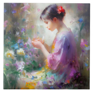 Carreau Fille admirant une fleur dans ses mains