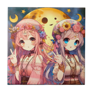 Carreau Fille Anime Hippie Lune Filles Faisant Signe de Pa